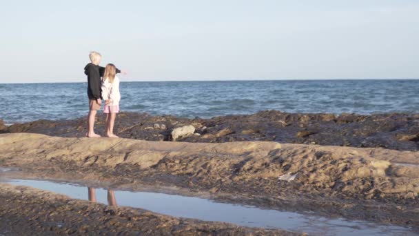 Діти Хлопчик Дівчинка Стоять Скелястому Пляжі Босоніж Дивляться Хвилі Морі — стокове відео