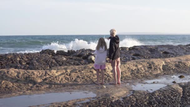 Arkadan Manzara Güzel Çocuklar Deniz Kıyısında Kayalık Sahilde Duran Kız — Stok video
