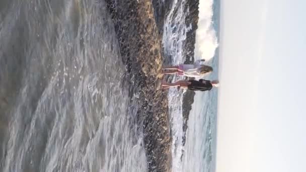 Dikey Video Denizde Yüksek Dalgaların Yanında Duran Çocuklar Çocukların Üzerine — Stok video