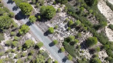 İHA görüntüleri, Quadcopter güney İspanya dağlarındaki orman ve yolların üzerinden uçuyor..
