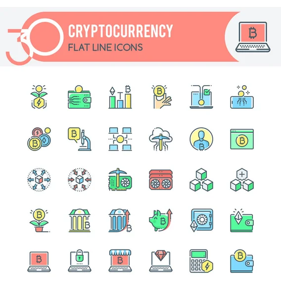 stock vector Set of filled outline icons on following topics cryptocurrency, fintech and blockchain. Each icon neatly designed on pixel perfect 32X32 size grid.