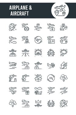 Uçaklar ve Uçak Taslak Simgeleri, çeşitli uçakları ve ilgili nesneleri temsil eden stilize simgelerden oluşan bir koleksiyondur. Bu set web siteleri, uygulamalar veya havacılık ile ilgili diğer uygulamalar için mükemmeldir.