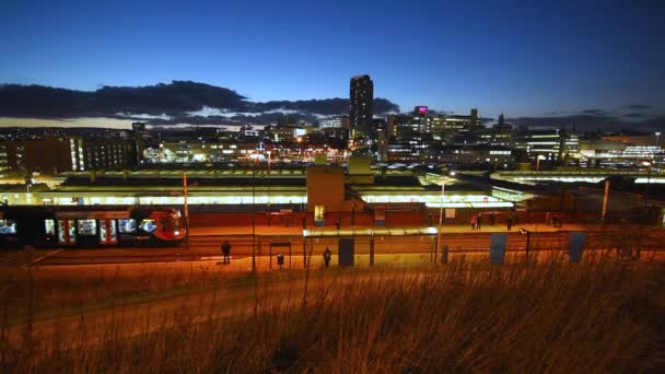 Panoramic View Sheffield City Center Train Station Night — Stock Video