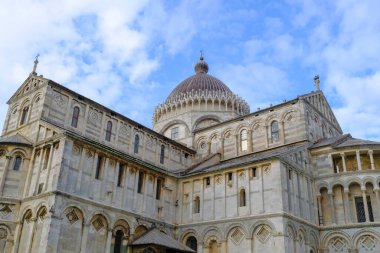 Duomo di Pisa from beneath across the blue sky closeup. Square of miracles/piazza dei miracoli, Italy
