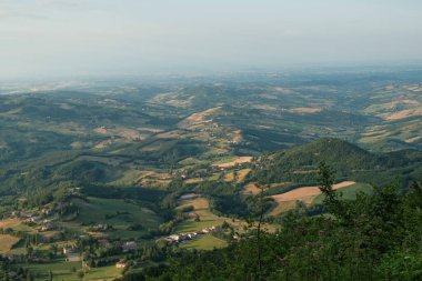 Aerial view of landscape with fields, mountains, woods, on sunset. natural background. Travel concept