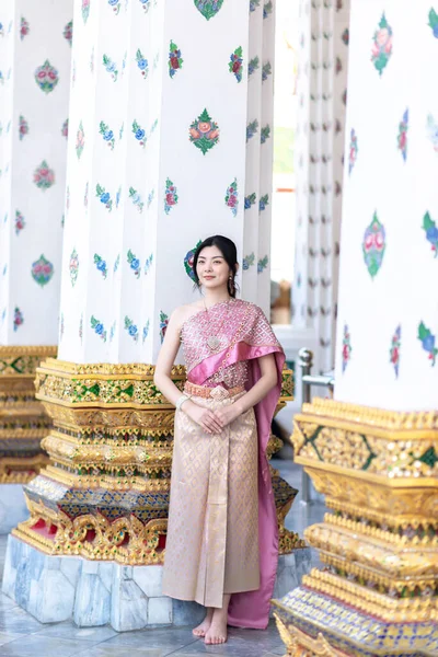 Beautiful Asian Girl Thai Traditional Costume Temple — Stock Fotó