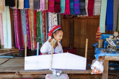Chiang Rai, Tayland - 15 Haziran 2023 - Uzun boyunlu köydeki kadın ya da Tayland, Chiang Rai 'deki Karen Hill kabilesi.