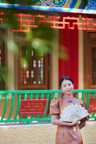 穿传统服装的中国女人过年快乐 免版税图库照片