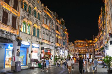 Haikou, China-SEP 13, 2025-Zhongshan Road particularly known for its historic Qilou Arcade Houses, are a key part of the city's cultural heritage, is the capital and most populous city of Hainan.