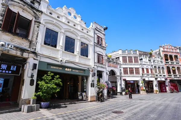 Haikou, China-SEP 13, 2025-Zhongshan Road particularly known for its historic Qilou Arcade Houses, are a key part of the city's cultural heritage, is the capital and most populous city of Hainan.
