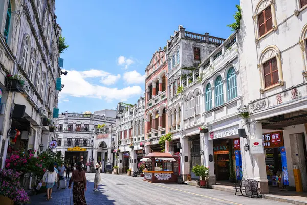 Haikou, China-SEP 13, 2025-Zhongshan Road particularly known for its historic Qilou Arcade Houses, are a key part of the city's cultural heritage, is the capital and most populous city of Hainan.