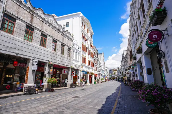 Haikou, China-SEP 13, 2025-Zhongshan Road particularly known for its historic Qilou Arcade Houses, are a key part of the city's cultural heritage, is the capital and most populous city of Hainan.
