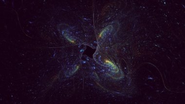 3D, soyut fraktal arkaplan astronotu göksel mucizelere ve galaksilere hayran.