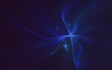 Siyah arka planda sıvı mavi şekilli üç boyutlu soyut çizim. Tasarım, parlak ve yarı şeffaf yüzeylere sahip dinamik, akıcı formlar içererek fütüristik ve dijital bir estetik sunuyor. Yumuşak ışıklandırma eğrileri ve metni vurgular