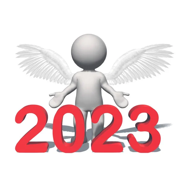 2023年への年変化 白い背景に孤立した天使の翼を持つ3D人 3Dイラスト — ストック写真