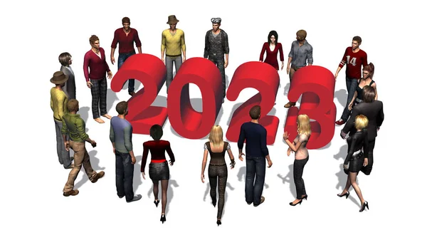 年变化至2023年 数字被白色背景隔离的人包围 3D说明 — 图库照片