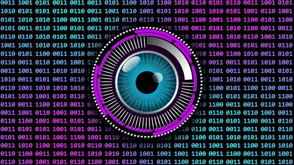 Electronic eye futuristic technology over a wall of 4-digit binary numbers - 3D Illustration