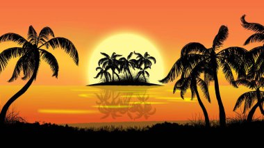 Palm trees silhouette on sea background in sun set - 3D Illustration