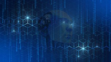 Digital internet cyber security technology concept - silhouette of abstract 3D robotic head on graphic cube pattern background with falling binary code tapes- 3D Illustration