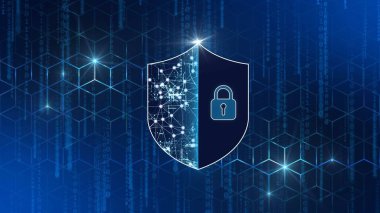 Digital internet cyber security technology concept - Protective Shield with padlock on graphic cube pattern background with falling binary code tapes - 3D Illustration