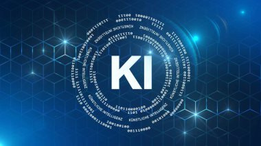 Yapay Zeka teknolojisi konsepti AI (Almanca - Kuenstliche Intelligenz KI) - ikili kod ve harfler grafik küp şablon arkaplan üzerinde bir daire şeklinde düzenlenmiştir - 3D İllüstrasyon