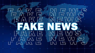 Sahte Haber - haber kanalları ya da internet televizyonu arka planı için tasarım şablonu - Dünya haritası arka planı üzerinde tekrarlayan sahte haber harfi - 3D İllüstrasyon