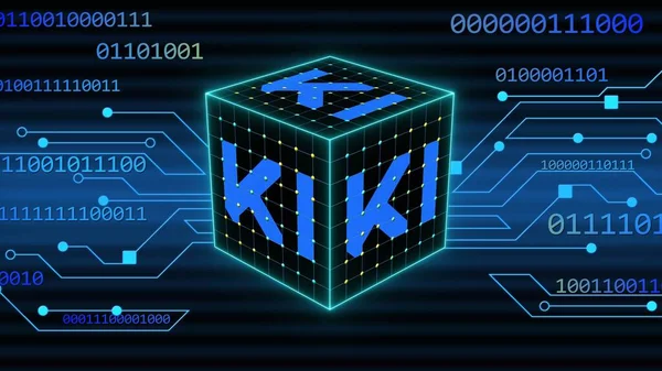 Conceito Visualização Inteligência Artificial Letras Cubo Sobre Fundo Código Binário — Fotografia de Stock