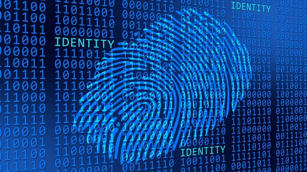 Identity Fingerabdruck Auf Binärem Code Hintergrund Scannen Von Identifikationssystemen Durch Stockbild