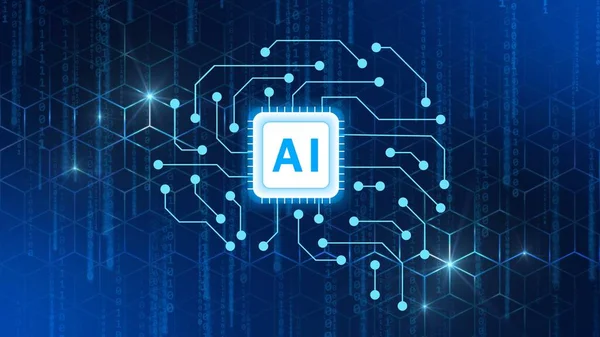 人工智能可视化概念 带有蜂窝元素的二进制代码背景上的Ai字母 网络技术和自动化概念 3D说明 — 图库照片