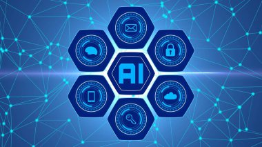 Yapay Zeka - küresel bilgi teknolojisi kavramı - AI harfleri etrafında düzenlenmiş grafiksel elementler birbirine bağlı çizgilerin arkaplanı - 3D illüstrasyon