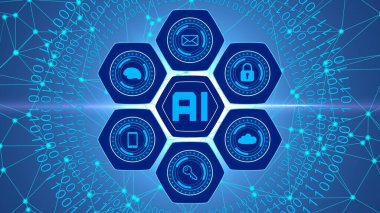 Yapay Zeka - küresel bilgi teknolojisi kavramı - AI harfleri etrafında düzenlenmiş grafiksel elementler birbirine bağlı çizgilerin arkaplanı - 3D illüstrasyon