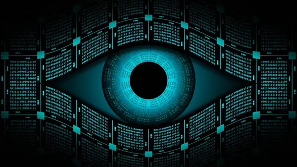 Electronic blue eye futuristic technology background - blocks of binary code arranged in stylized shape of an eye on black background - 3D Illustration