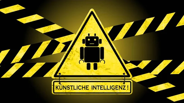 KI Lettering - Artificial Intelligence (in german Kuenstliche Intelligenz) on a warning sign with caution tapes in black yellow colour - 3D Illustration