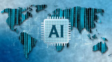 AI yazısıyla dünya haritası - Mavi ikili kod arka planı üzerinde Yapay Zekanın Görselleştirilmesi kavramı - 3D İllüstrasyon
