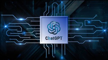 ChatGPT harfleri ve logosu, mavi fütüristik arkaplan üzerindeki dijital devre çizgileri - teknoloji tasarımı konsepti - 3D İllüstrasyon
