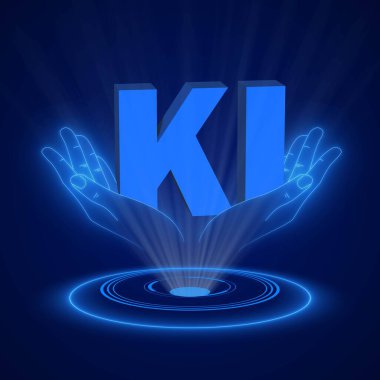 Açık hologramlı KI harfleri - bilgisayar hologramı iş dünyası internet teknolojisi kavramı - 3D İllüstrasyon