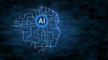 Yapay Zeka Harfleri - İnsan kafasındaki beyin - Yapay Zeka Konsepti - 3D İllüstrasyon