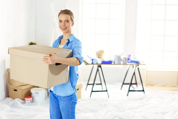 Young Woman Moving House New Home Holding Cardboard Boxes — Stock Photo, Image