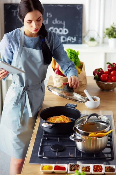 Woman Baking Home Recipe Tablet — Stock Photo, Image