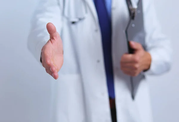 Φιλικός Αρσενικός Γιατρός Ανοιχτό Χέρι Έτοιμος Για Αγκαλιές — Φωτογραφία Αρχείου