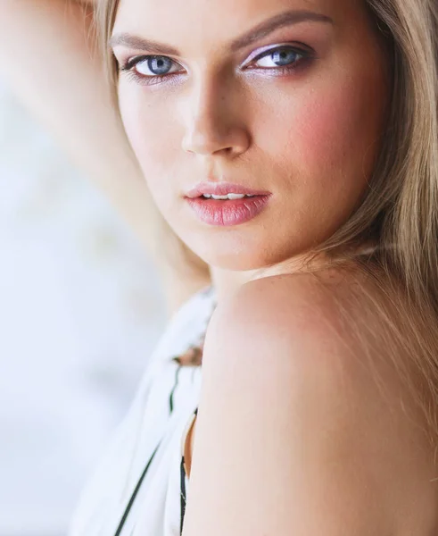 Beautiful Woman Face Close Studio White — Stock Photo, Image