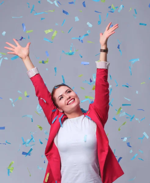 Portreit Mooie Gelukkige Vrouw Feest Feestje Met Confetti Verjaardag Nieuwe — Stockfoto