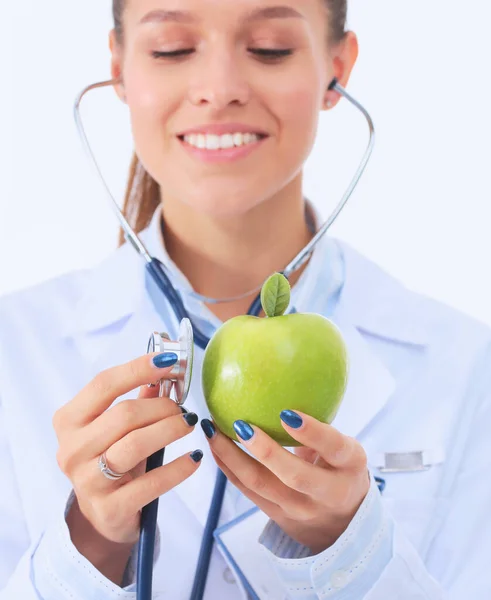 Médico Médico Mujer Examinando Manzana Con Estetoscopio Mujeres Doctores —  Fotos de Stock