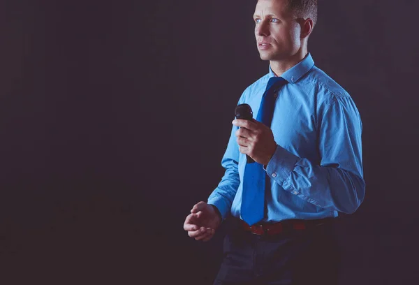 Business Man Discorso Concetto Parlando Con Microfono Sala Conferenze — Foto Stock