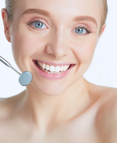 Dentes Mulher Espelho Boca Dentista — Fotografia de Stock