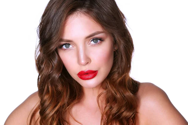 Skóra Piękna Kobieta Czerwonymi Ustami Białym Tle — Zdjęcie stockowe