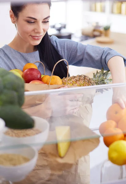 Smiling Woman Taking Fresh Fruit Out Fridge Healthy Food Concept — Stock Photo, Image