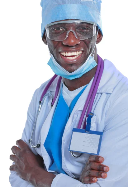 Portret Van Een Dokter Met Een Masker Uniform Geïsoleerd Witte — Stockfoto