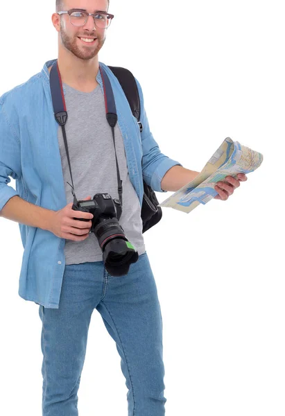 Young Man Holding Map White Background Young Man Holding Map — Stock Photo, Image