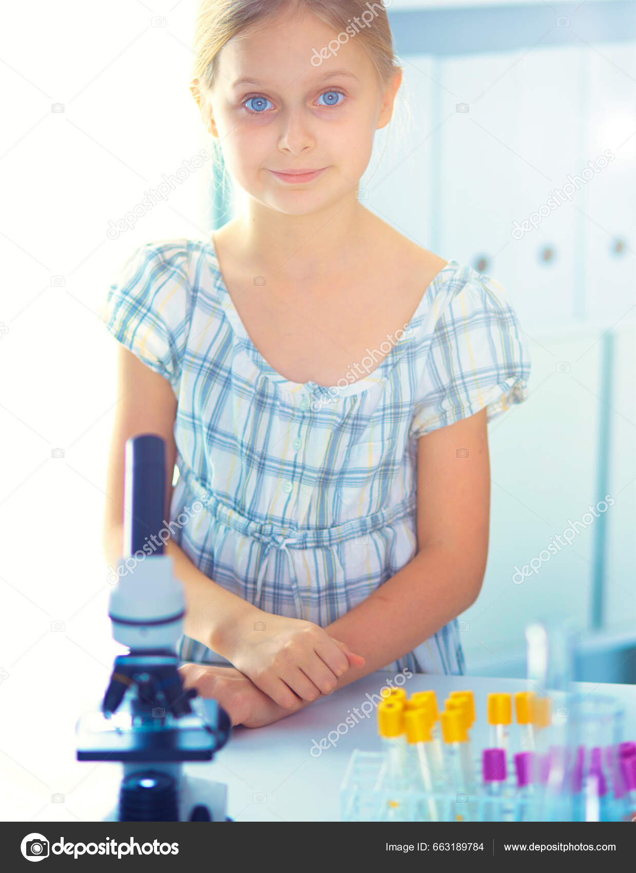 Schoolgirl Looking Microscope Science Class Stock Photo by